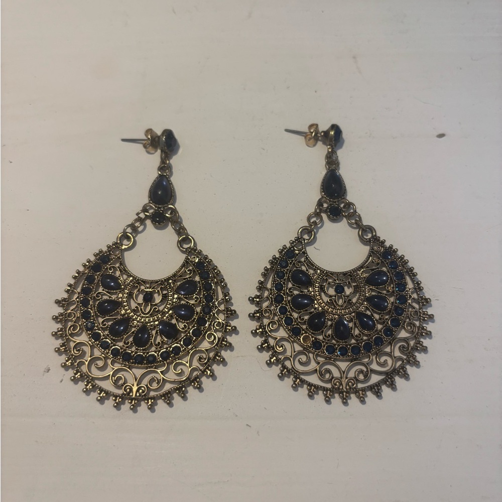 Elegant Gold and Blue Filigree Earrings
